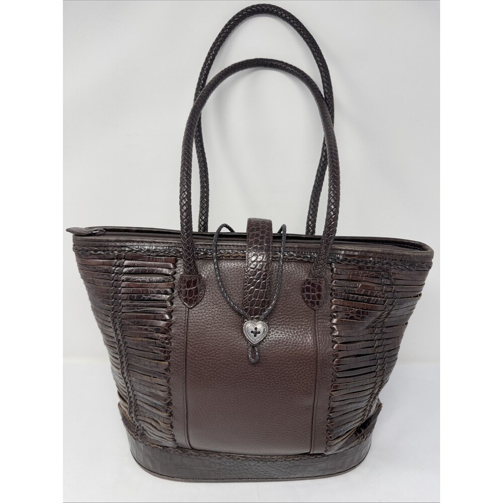Brighton Brown Pebbled Leather Shoulder Bag w/2 Braided Handles Heart Closure - Picture 1 of 13